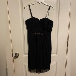 Adrianna Papell Black Embellished Spaghetti Strap Ruched Cocktail Prom Dress.